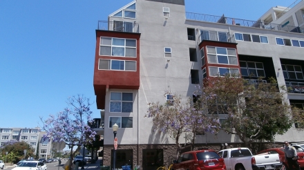 Modern building exterior in Little Italy, featuring large windows, colorful accents, and nearby flowering trees.