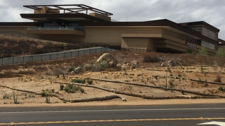Hollywood Casino Jamul viewed from the roadside, showcasing its modern architecture against a partly cloudy sky.